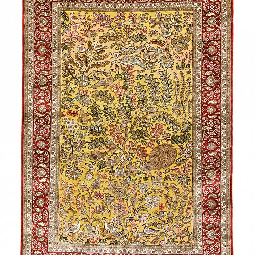 HANDMADE CARPET GOM SILK PERSIAN DESIGN WITH GOLDEN LEAVES 1,86X1,20 SIGNED