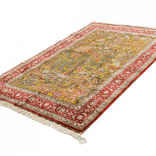 HANDMADE CARPET GOM SILK PERSIAN DESIGN WITH GOLDEN LEAVES 1,86X1,20 SIGNED