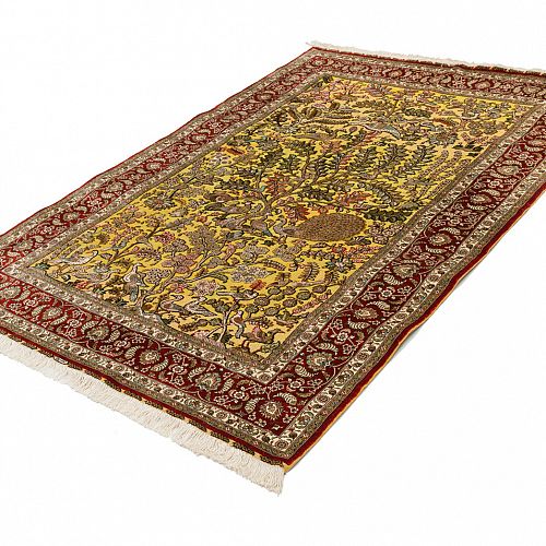HANDMADE CARPET GOM SILK PERSIAN DESIGN WITH GOLDEN LEAVES 1,86X1,20 SIGNED