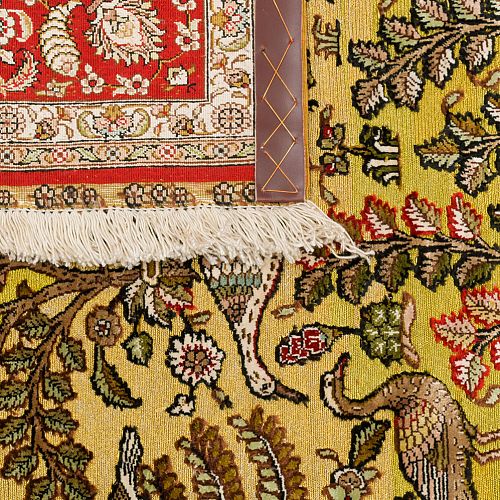 HANDMADE CARPET GOM SILK PERSIAN DESIGN WITH GOLDEN LEAVES 1,86X1,20 SIGNED