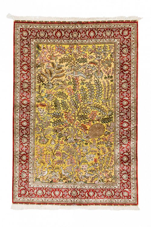 HANDMADE CARPET GOM SILK PERSIAN DESIGN WITH GOLDEN LEAVES 1,86X1,20 SIGNED