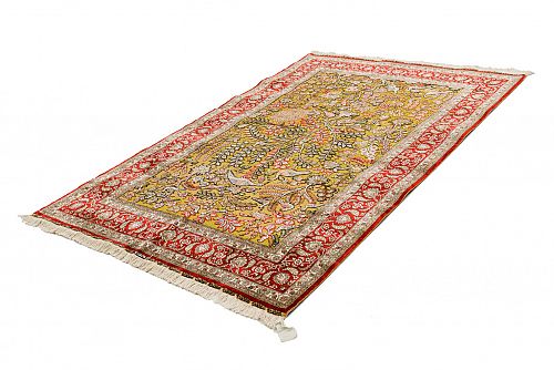 HANDMADE CARPET GOM SILK PERSIAN DESIGN WITH GOLDEN LEAVES 1,86X1,20 SIGNED