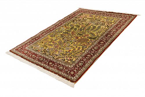 HANDMADE CARPET GOM SILK PERSIAN DESIGN WITH GOLDEN LEAVES 1,86X1,20 SIGNED